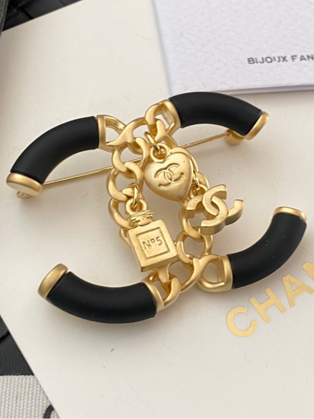 Double C Designer Black Chain Letter Logo Charm Brooch